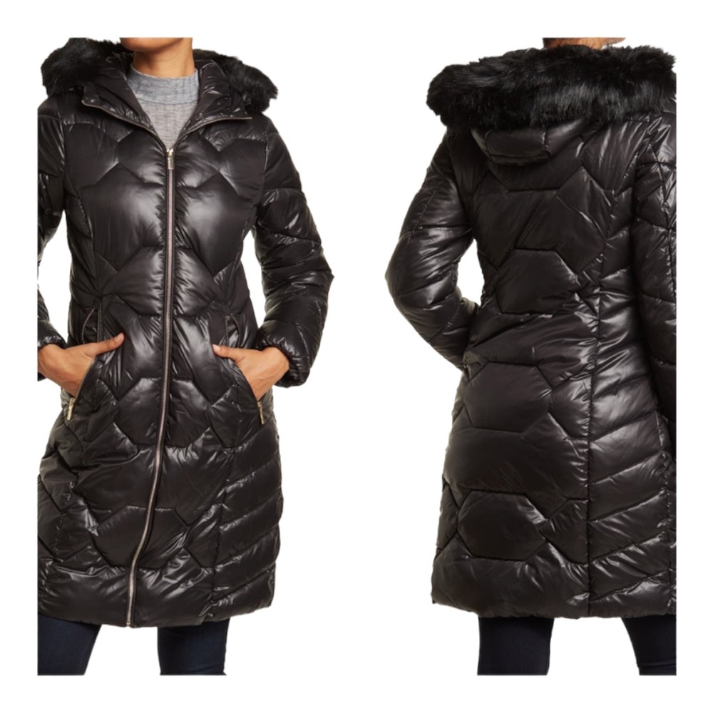 NWT GUESS womens quilted puffer jacket parka fur lined hooded size small black